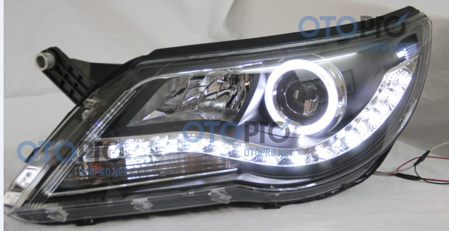 Đèn pha độ LED nguyên bộ cho xe Tiguan mẫu angel eyes khối